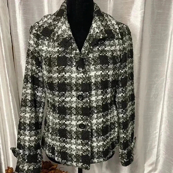 Chico’s Women’s 0 Black White Silver Button Up Tweed Woven Lined Blazer Jacket - Picture 1 of 9